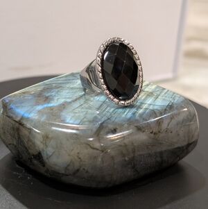 Stainless Steel Ring With Faceted Black Stone